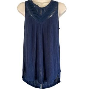 Lucky Brand L Navy Blue Crocheted Yoke Sleeveless Top
